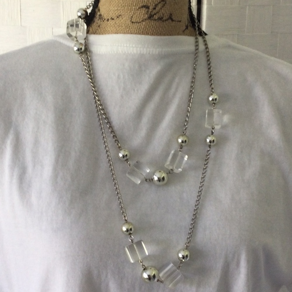 Woman’s Silver Tone Beaded Necklace & a Lucite square beads on sliver tone chain